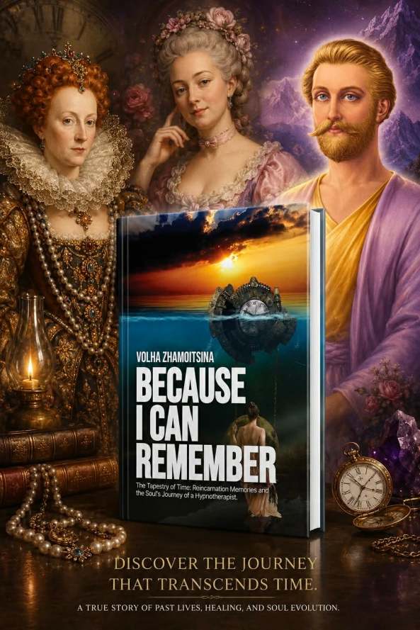 A book titled 'Because I Can Remember' by Volha Zhamoitsina, featuring images of three historical figures in detailed attire, set against a mystical background with a clock and ocean landscape.