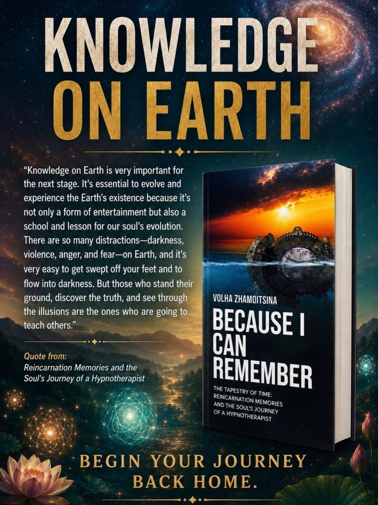 A graphic featuring the title 'Knowledge on Earth' along with an excerpt discussing the importance of knowledge for personal evolution. Included is an image of the book 'Because I Can Remember' by Volha Zhamoitsina, with visuals of cosmic elements and flowers surrounding it, suggesting a journey of self-discovery.