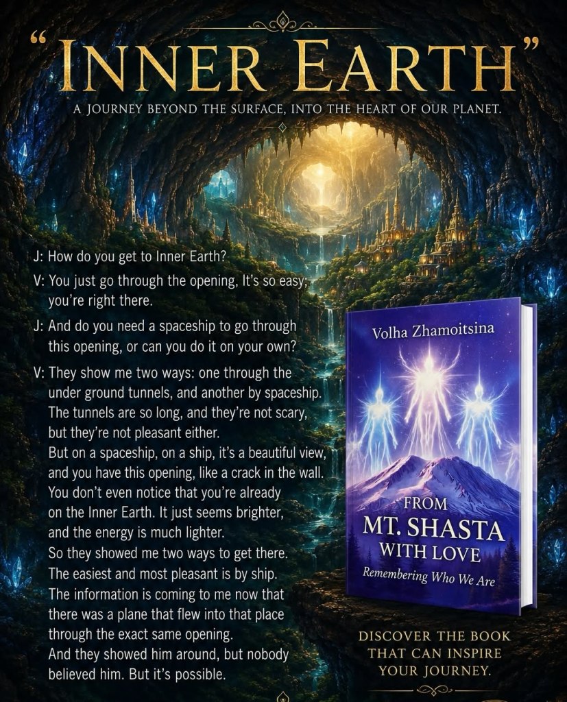 An illustration promoting the concept of 'Inner Earth,' featuring a mystical underground landscape with glowing elements. The image includes text with a conversation about accessing Inner Earth and highlights the book 'From Mt. Shasta with Love' by Volha Zhamoitsina.